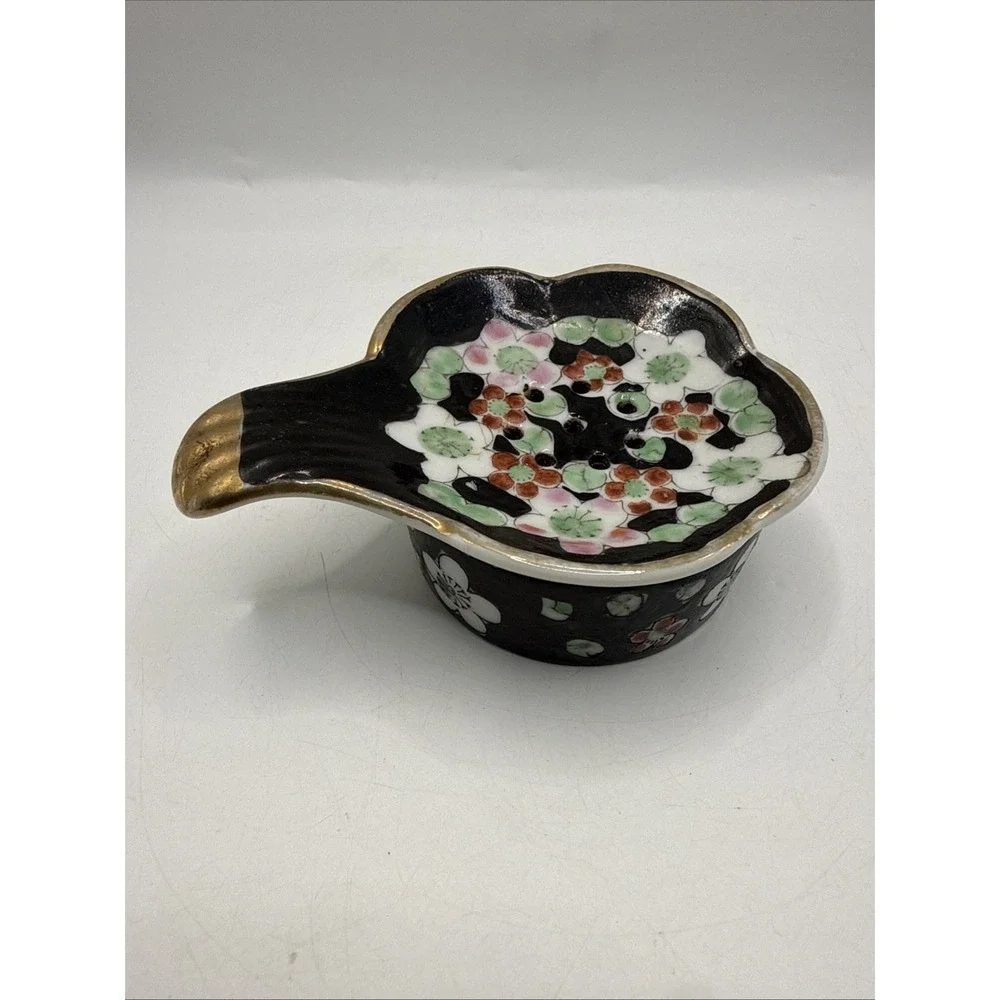 Black Floral Handpainted Decorative Japanese Vintage Ceramic Tea Bag Holder